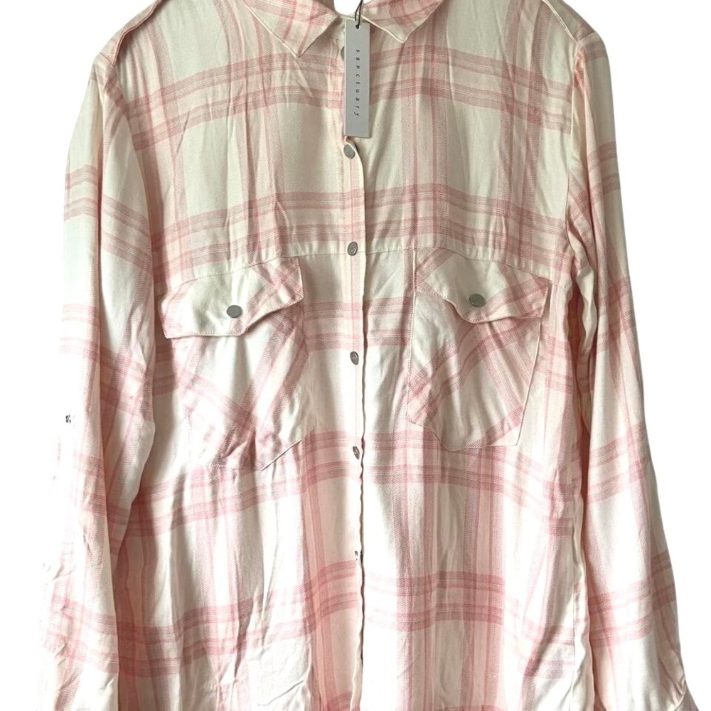 NWTs Sanctuary Light Pink Plaid Boyfriend Snap Front Shirt sz XL Western Cowgirl